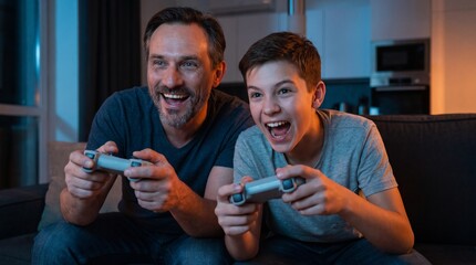 Naklejka premium Joyful Dad and Teen Son Enjoying Fun Competitive Video Gaming Together