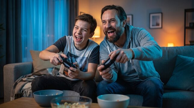 Happy Father and Son Playing Video Games on the Couch