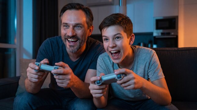 Joyful Dad and Teen Son Enjoying Fun Competitive Video Gaming Together