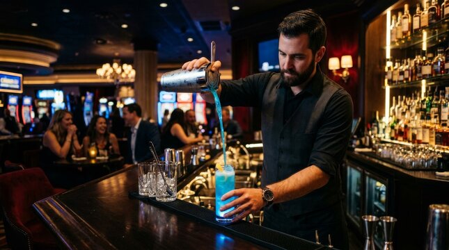 Professional bartender pouring a vibrant blue cocktail in a busy upscale casino bar.
