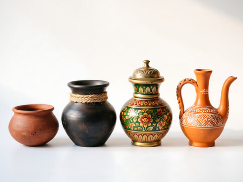 Four traditional Indian pottery and clay vessels arranged horizontally on white background photography