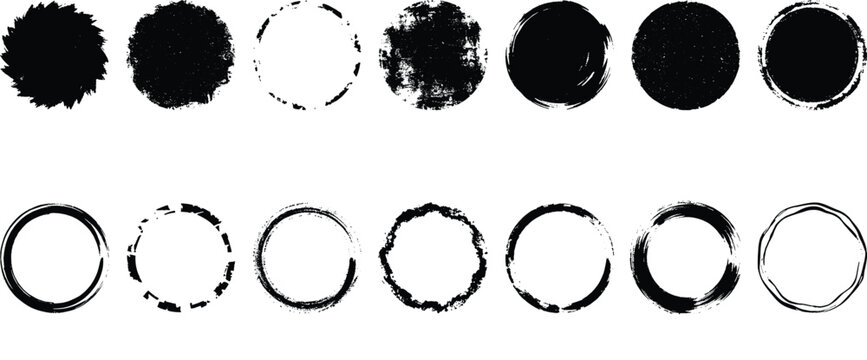 Grunge black circle brush strokes set, 14 distressed round ink frames and borders, vintage textured paint splatters and stamps in EPS format