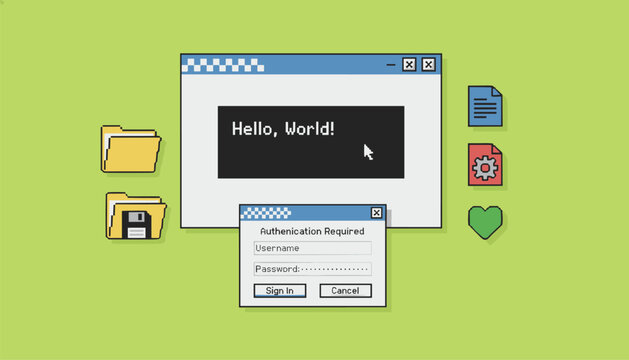 Retro computer desktop interface featuring a terminal window with Hello World text and an authentication login prompt in pixel art style.