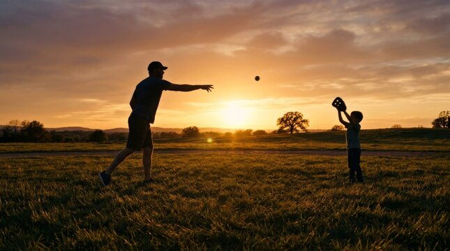 Father and son playing baseball catch at sunset in a field.