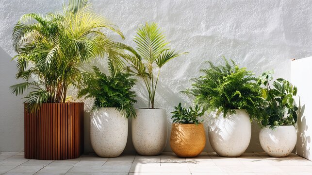 Stylish indoor garden arrangement with various potted plants against a textured concrete wall, creating a modern, tranquil aesthetic