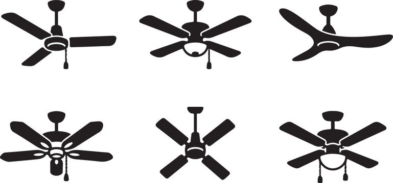 Six ceiling fan designs with black blades and lights Vector