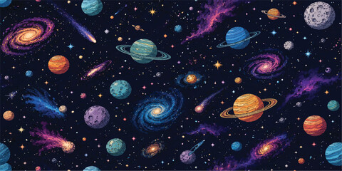Colorful Seamless Space Pattern with Planets Galaxies and Stars © mahabubmorshed