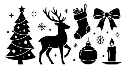 Christmas icons set with tree reindeer stocking bow candle and ornament © aliful