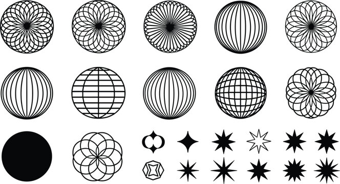 Abstract geometric wireframe spheres line art circles grid globes and retro starburst sparkle vector graphic elements