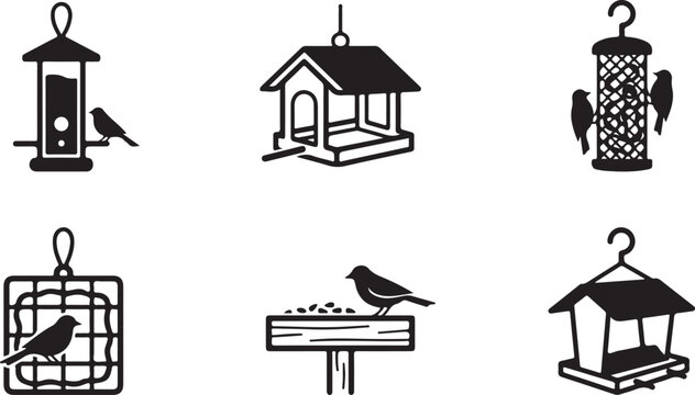 Five different bird feeders with birds illustration vector icons Vector