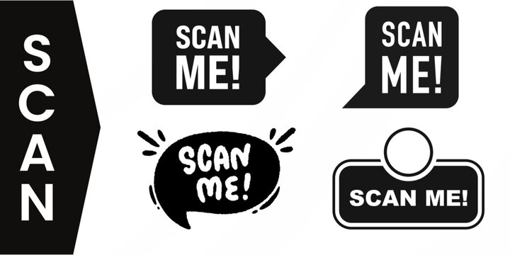 Expressive Scan Me speech bubble and comic style QR code sticker vector set. High-contrast barcode callouts, phone camera prompts, and promotional tag designs.