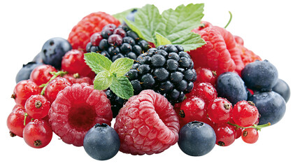 Assortment of fresh berries including raspberries blueberries blackberries, and red currants with mint leaves © Asmud