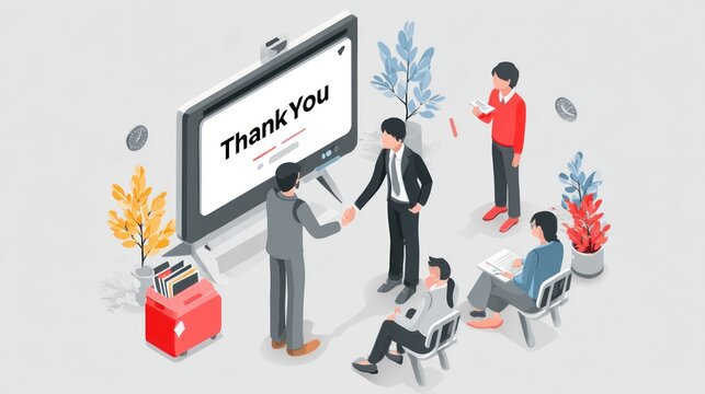 Businesspeople shaking hands in isometric view, large screen displays "Thank You