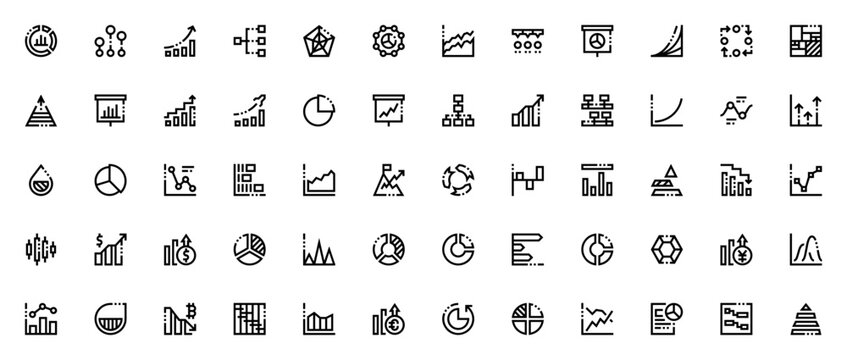 Statistic graph and charts icon set. Business data analysis vector pack. Minimalist line icons. Featuring analytics, statistics, profits, flow chart, pie chart, line chart, bar chart, timeline, node, 