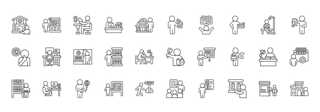 Public Library Icon set Collection in Line Style. book, read, study, learning, literature, document