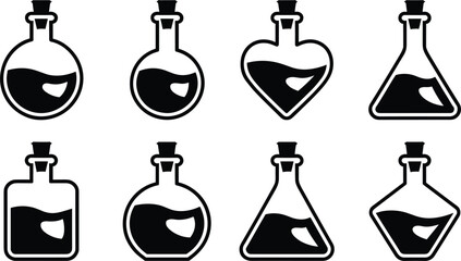 Black and white magic potion bottle icons set featuring various laboratory glassware shapes for game assets designs © MdAnarulIslam