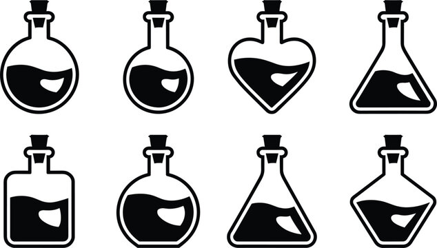 Black and white magic potion bottle icons set featuring various laboratory glassware shapes for game assets designs