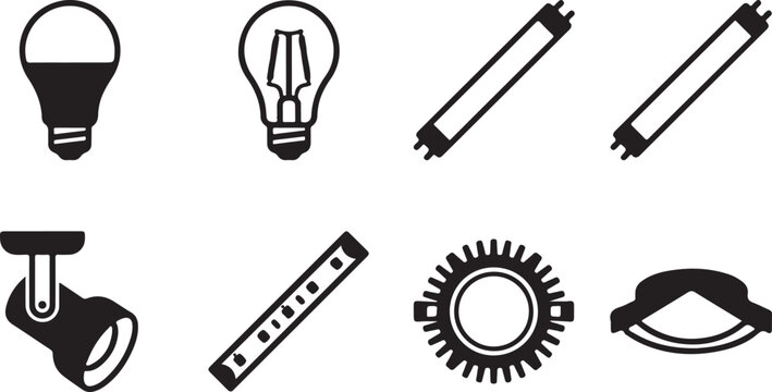 Set of eight black and white light bulb and electrical icons Vector