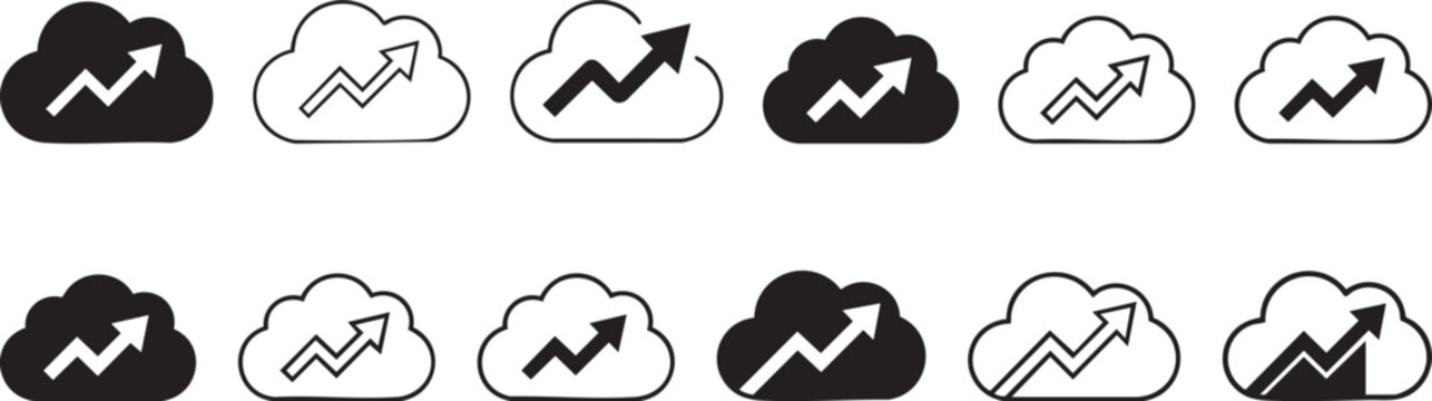 Set of twelve cloud business growth icons with an upward trending arrow. Data scaling and analytics concept suitable for corporate progress infographics. Transparent EPS.
