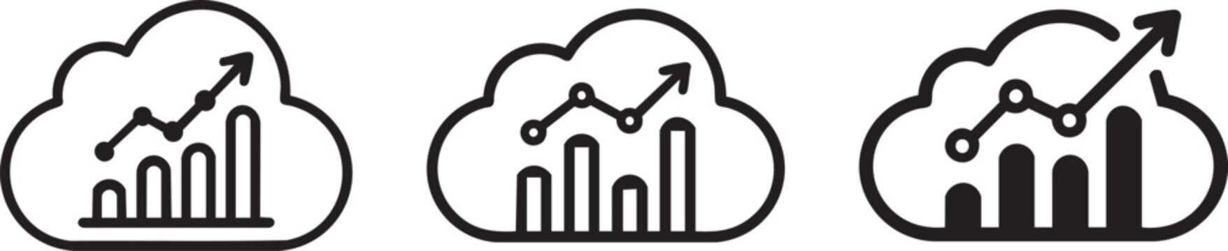 Set of three cloud outline icons with bar charts and rising upward trending arrow graphs. Data visualization and business intelligence concept suitable for dashboard UI designs. Transparent EPS