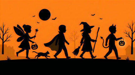 Fototapeta premium Halloween silhouette of children trick or treating, kids in spooky costumes walking at night, orange sunset background with witch and vampire isolated on White Background
