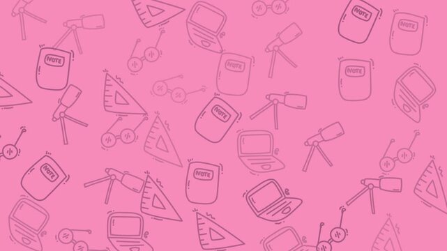 Perfect for educational designs, this vibrant pink pattern showcases various school supplies icons like notebooks, telescopes, glasses, and rulers. Great for educational materials.