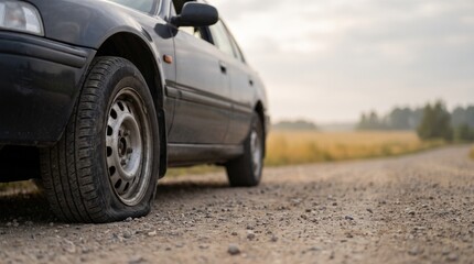 Flat car tire on gravel roadside with rural background 