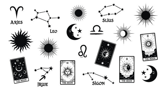 Astrology symbols and celestial mystic illustrations with tarot cards on display