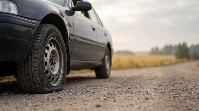 Flat car tire on gravel roadside with rural background  