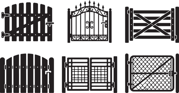 Six different styles of black metal gate designs in vector illustration Vector