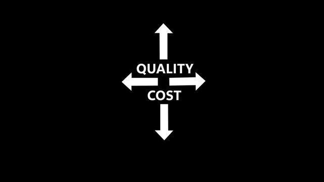 Businessman presenting quality versus cost concept quality and cost black background.