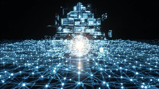 Digital network glowing node data grid futuristic city blue light technology connection virtual cyberspace abstract hologram luminous sphere circuit path radiant core global communication