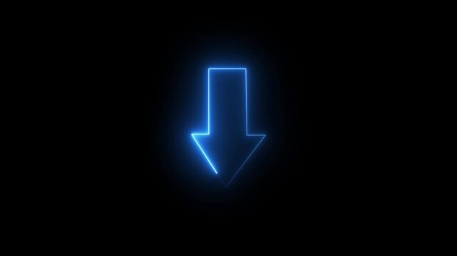 Blue down arrow loop HD animation. neon lighting direction arrow. neon bouncing downward arrow icon. download icon sign. animated neon line swipe down arrow. road signal icon black background.