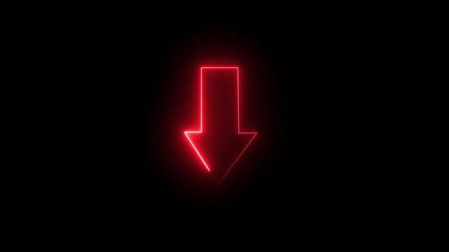 Red down arrow loop HD animation. neon lighting direction arrow. neon bouncing downward arrow icon. download icon sign. animated neon line swipe down arrow. road signal icon black background.