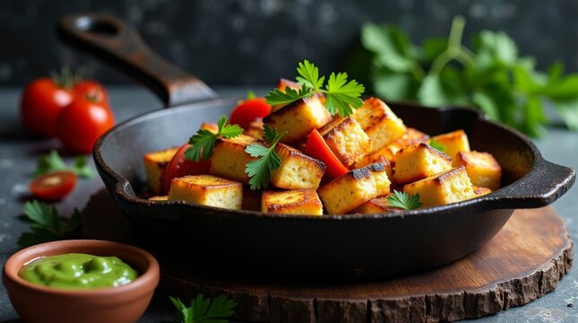 Pan Fried Paneer Cubes with Herbs in Cast Iron Skillet.