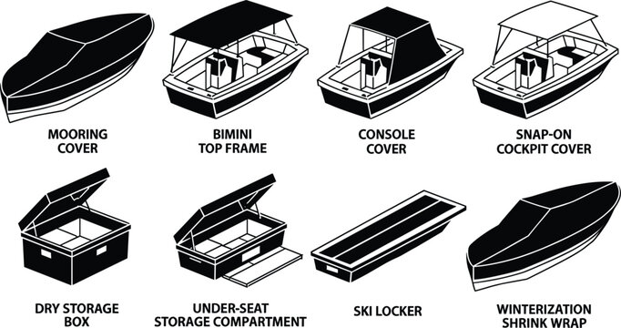 Boat accessories and protective canvas covers vector icon collection set for marine storage and winterization equipment