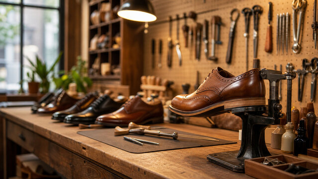 Handcrafted brown leather dress shoe on a cobbler stand in a warm workshop with shoemaking tools and footwear on a wooden bench.