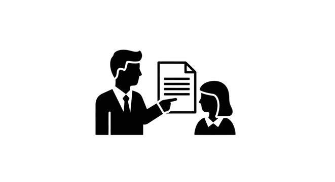Businessman points at a document during a professional meeting to explain key data points to a female colleague.