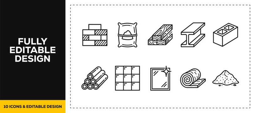 flat vector illustration line art icon bundle set design focusing on industrial construction building materials raw resources and heavy masonry elements for UI