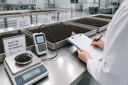 Technician records moisture test results for black tea batches in a clean food processing laboratory with stainless steel trays and scales.