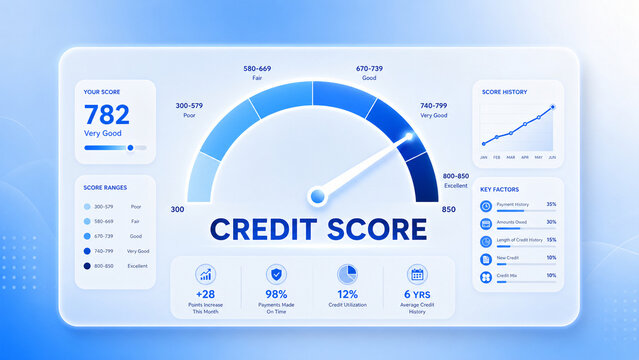 Blue financial dashboard showing a credit score gauge, score history chart, key factors, and personal finance metrics in a clean digital interface.