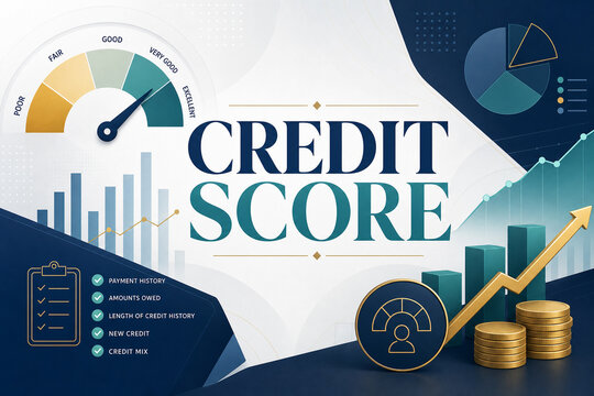Illustrated credit score concept with gauge, charts, checklist, coins, and upward arrow representing financial health and lending metrics.