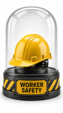 Yellow construction hard hat displayed under a clear protective glass dome on an industrial safety pedestal with hazard stripes.
