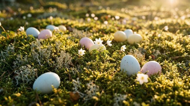 Broken brown egg shell with yolk beside speckled egg and spring flowers on stone