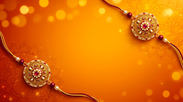 Traditional Raksha Bandhan festival background featuring ornate decorative Rakhi with glowing golden bokeh