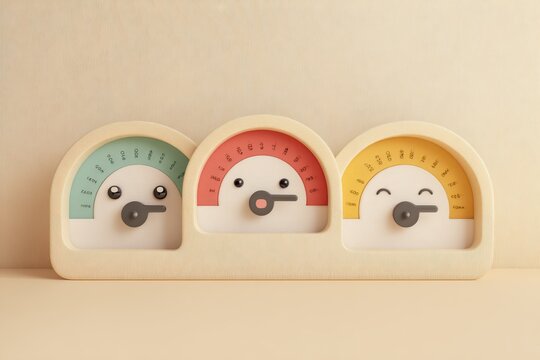 Emoticon Gauges: Three whimsical gauges with smiling and neutral faces indicate different levels of emotion, depicted in a clean, minimalist style.