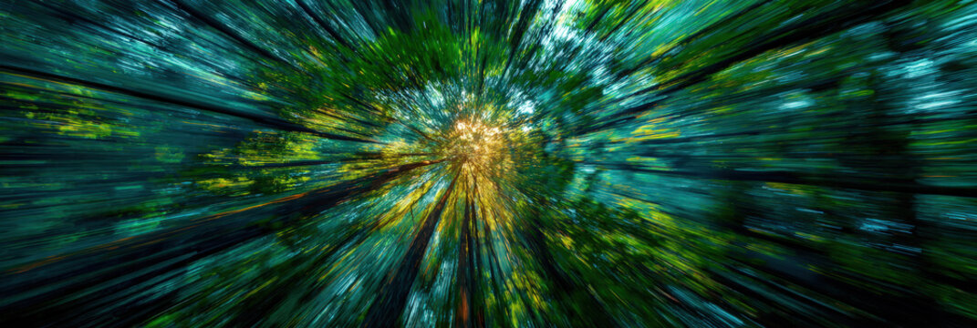 Dynamic zoom burst effect captures the explosive energy of a lush forest canopy, ideal for concepts of growth, speed, eco tech, sustainability, and mindful escape into nature.