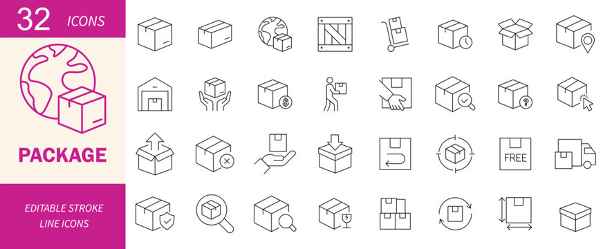 Logistics and shipping line icons, set of 32 package delivery vector symbols, global distribution and warehouse storage outline icons