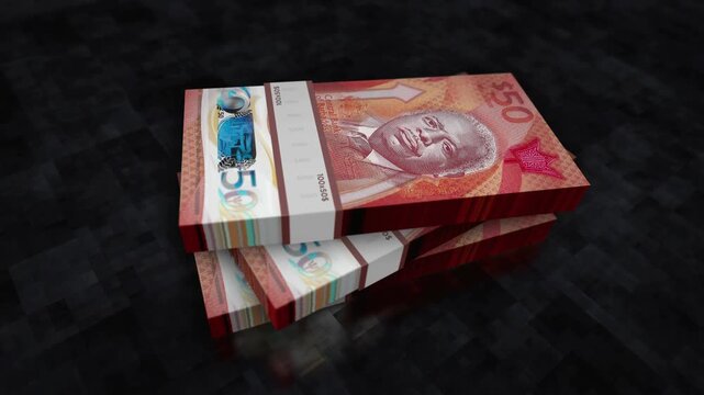 Barbados Dollar barbadian money pile pack. Concept background of economy, banking, business, crisis, recession, debt and finance. 50 BBD banknotes stacks 3d animation.