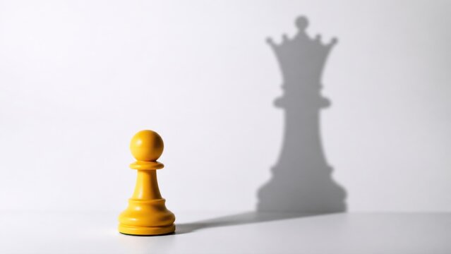 Yellow chess pawn casting queen shadow against white background captures concepts of hidden potential ambition leadership and professional growth